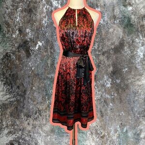 ANTONIO MELANI Red & Black Paisley Bandana Print 100% Silk Belted Dress Size 2